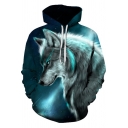 Gray-blue Hoodie Wolf 3D Printed Long Sleeve Drawstring Pouch Pocket Relaxed Fit Hoodie for Men