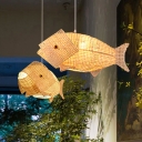 Creative Asian Fish Shaped Pendant Bamboo 1 Light Dining Room Ceiling Hang Lamp in Wood, 18