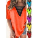 Ladies Summer T Shirt Short Sleeve Cut Out Deep V-neck Contrasted Loose Fit Tee Top