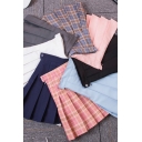 Fancy Women's Skirt Solid Color Plaid Pattern Pleated Invisible Zipper High Waist Mini A-Line Skirt