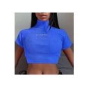 Short Sleeve High Neck BABE Letter Embroidered Slim Fitted Cropped T Shirt