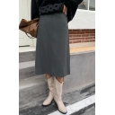 Simple Womens Skirt Solid Color High Waist Mid A-line Skirt