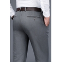 Elegant Men's Pants Solid Color Mid Waist Side Pocket Long Straight Suit Pants