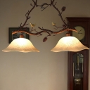 Scalloped Dining Room Island Light Rural Fabric/Frost Glass 2-Light Brown Drop Lamp with Pine Branch and Bird Deco