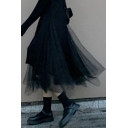 Fancy Women's Skirt Solid Color Mesh Gauze Elastic Waist Asymmetrical Hem Fully Lined Midi Skirt