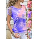 Fancy Women's Tee Top Tie Dye Pattern Hollow out Detail Crew Neck Short Sleeves Regular Fitted T-Shirt