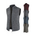 Elegant Mens Knitted Vest Heathered Side Pockets Sleeveless Stand Collar Ribbed Trim Zip Closure Regular Fitted Sweater Vest