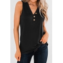 Casual Solid Color V-neck Button Detail Relaxed Fit Tank Top for Women