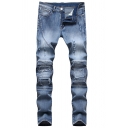 Trendy Men's Jeans Distressed Pleated Design Button Fly Long Regular Fitted Jeans with Washing Effect