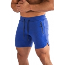 Leisure Men's Shorts Solid Color Drawstring Waist Zip Pocket Split Hem Skinny Workout Shorts