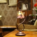 Single Night Table Lamp Tiffany Scalloped Pink and Water Glass Nightstand Light with Scrolling Arm