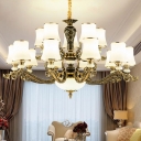 Flared 1/2-Tier Chandelier Contemporary White Glass 6/8/15-Head Bedroom Ceiling Hang Lamp in Brass