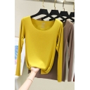 Leisure Women's Tee Top Solid Color Round Neck Long-sleeved Raw Hem Regular Fitted Bottoming T-Shirt