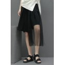 Black Chic Shorts Mesh Patched Elastic Waist Asymmetric Relaxed Shorts for Ladies