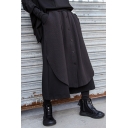 Trendy Womens Pants Mid Rise Button Up Patchwork Cropped Wide-leg Pants in Black