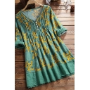 Leisure Women's Floral Print Pleated Button Detail Round Neck Long Sleeves Pleated Tunic Pullover Blouse