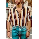Casual Mens Blouse Stripe Pattern Button Fly Short Sleeves Spread Collar Long Sleeves Regular Fitted Blouse