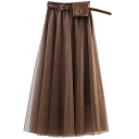 Fancy Women's Skirt Solid Color Mesh Gauze Pleated Elastic Waist Fully Lined Midi A-Line Dress