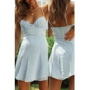 Pretty Girls Dress Polka Dot Print Sweetheart Neck Ruched Short A-line Cami Dress in Light Blue
