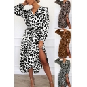 Ladies Elegant Dress Leopard Print Long Sleeve Surplice Neck Tied Waist Mid Wrap Dress