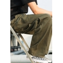 Trendy Mens Pants Solid Color Rope Detailed Zip Fly Long Wide Leg Pants