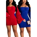Fancy Women's Bodycon Dress Ruched Pleated Detail off the Shoulder Long Flare Sleeves Slim Fitted Mini Bodycon Dress