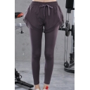 Womens Pants Chic Shorts False Two Pieces Quick Dry Drawstring Waist Slim Fitted 7/8 Length Yoga Pants