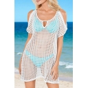 Womens Dress Stylish Plain Open-Knit Cold Shoulder Short Sleeve Regular Fitted Mini Beach Cover up Dress