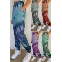 Stylish Women's Pants Tie Dye Pattern High Elastic Waist Banded Cuffs Side Pockets Regular Fitted Long Tapered Pants