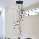 Black X-Cage Cluster Pendant Light Nordic 6/9 Bulbs Metal Hanging Ceiling Lamp with Antler Decoration