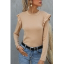 Ladies Fancy Long Sleeve Crew Neck Ruffled Solid Color Fitted T-shirt
