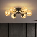 Modern Radial Close to Ceiling Light Amber/Smoke Grey Glass 6/8-Head Bedroom Starry LED Semi Flush Mount in Black