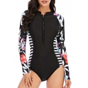 Fancy Women's Bodysuit Swimwear Stripe Leaf Printed Contrast Panel Zip Detail Mock Neck Long-sleeved Fitted Swimwear Bodysuit