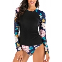Fancy Women's Tee Top Contrast Panel Floral Print Round Neck Long-sleeved Raglan Slim Fitted Swimwear T-Shirt