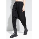 Fashionable Womens Pants Drawstring Waist Zipper Detail Flap Pocket Ankle Sarouel Pants in Black