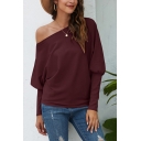 Stylish Tee Top Solid Color Long Sleeve Boat Neck Relaxed Fit T Shirt for Ladies