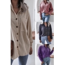Basic Shirt Corduroy Long Sleeve Spread Collar Button Up Chest Pocket Plain Loose Shirt for Women