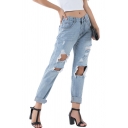 Ladies Stylish Jeans Ripped Bleach Midi Rise Roll Up Cuffs Ankle Straight Jeans in Light Blue