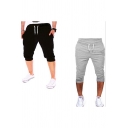 Trendy Men's Jogger Shorts Solid Color Drawstring Waist Side Pocket Cropped Shorts