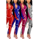 Fashionable Women's Jumpsuit Reflect Light Contrast Piping Front Zip Mock Neck Long Sleeves Slim Fitted Jumpsuit