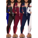 Simple Womens Set Stripe Print Long Sleeve Hooded Zip Up Fit Jacket & Pants Set