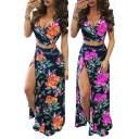 Fashion Womens Set Flower Printed Short Sleeve Surplice Neck Fit Crop Top & Slit Sides Maxi A-line Skirt Set