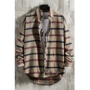 Trendy Men's Shirt Plaid Pattern Button Closure High-Low Turn-down Collar Long Sleeve Relaxed Fit Shirt
