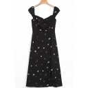 Elegant Women's A-Line Dress Fruit Print Ruched Front Sleeveless Sweetheart Neck Midi A-Line