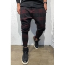 Mens Stylish Pants Plaid Patterned Mid Waist Ankle Relaxed Pants