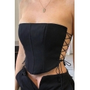 Chic Womens Tube Strapless Lace-up Sides Asymmetric Hem Crop Tube Top in Black