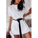 Leisure Womens Dress Solid Color Roll-up Sleeve Crew Neck Belted Short A-line Tee Dress