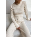 Womens Stylish Set Plain Knit Long Sleeve Crew Neck Fitted Crop Sweater & Wide-leg Pants Set