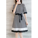 Casual Womens Dress Stripe Printed Short Sleeve Crew Neck Bow-tied Waist Short A-line Tee Dress in Black-white
