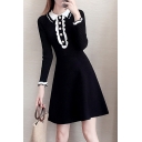 Gorgeous Ladies Dress Contrasted Ribbed Long Sleeve Point Collar Pearl Button Mid A-line Dress